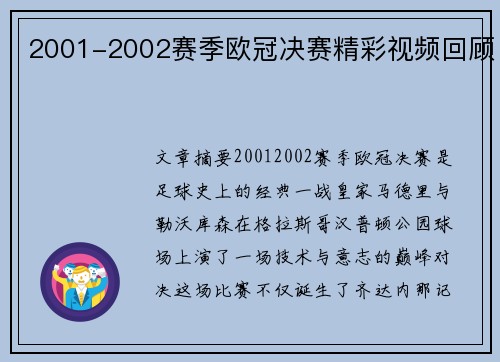 2001-2002赛季欧冠决赛精彩视频回顾